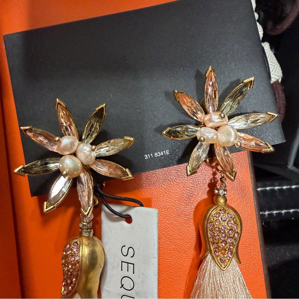 Sequin handmade artisan crystal flower silk Cream Tassel gold clip on Earrings - Picture 2 of 8